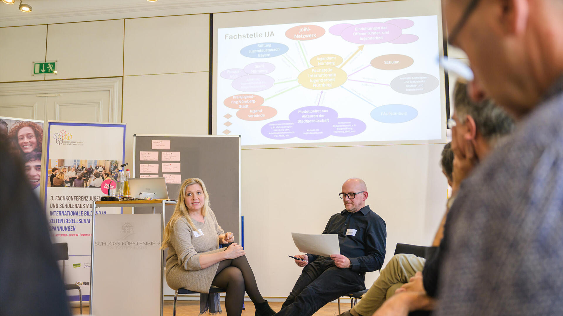 Judith Fesser (Stiftung Jugendaustausch Bayern) und Jürgen Reuther (Jugendamt Nürnberg) im Workshop „Jugendarbeit unter Druck – strategische Kooperationen als Antwort?“