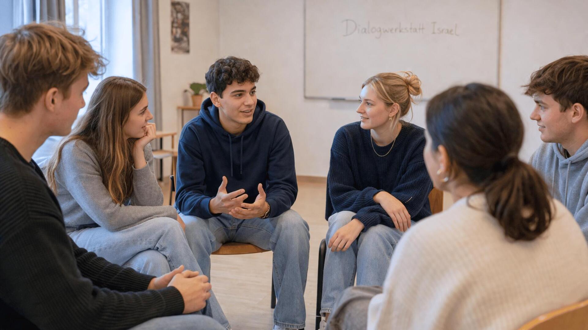 Jugendliche sitzen in einem Stuhlkreis in einem Klassenzimmer und diskutieren miteinander.