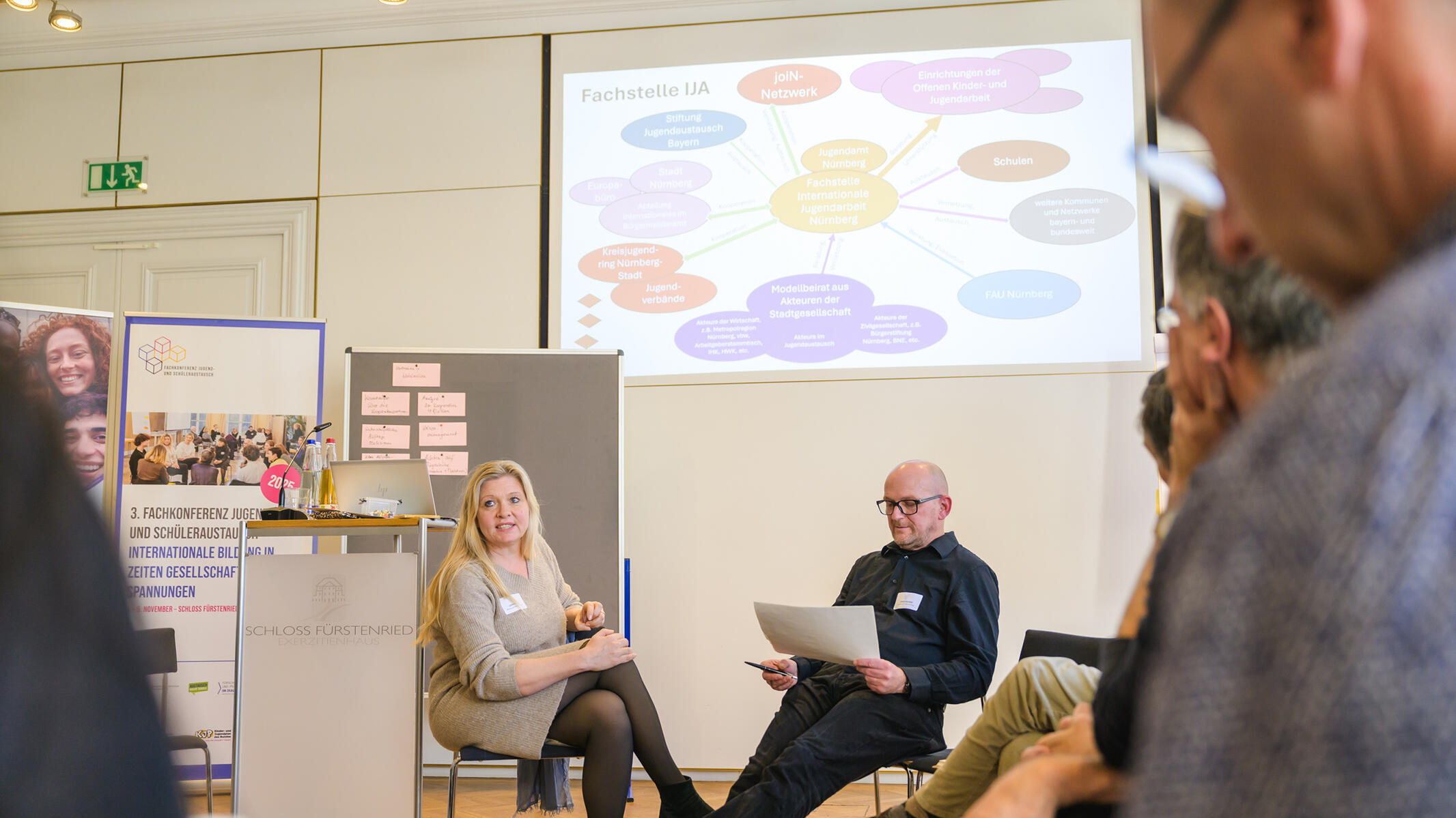 Judith Fesser (Stiftung Jugendaustausch Bayern) und Jürgen Reuther (Jugendamt Nürnberg) im Workshop „Jugendarbeit unter Druck – strategische Kooperationen als Antwort?“